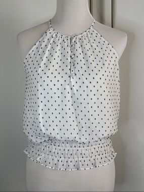 Eclair White Pin-Dot Halter Smocked Waist Tank Top